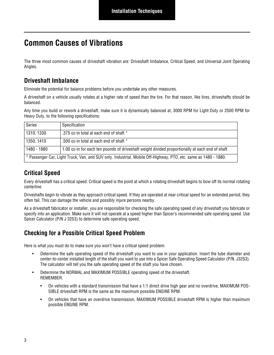Common causes of vibrations, Driveshaft imbalance, Critical speed | Checking for a possible critical speed problem | Spicer Driveline Installation Service Manual User Manual | Page 6 / 24