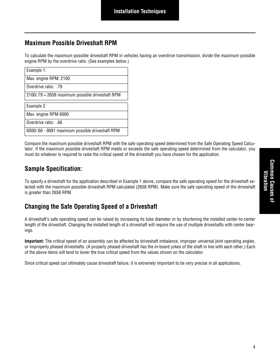 Maximum possible driveshaft rpm, Sample specification, Changing the safe operating speed of a driveshaft | Spicer Driveline Installation Service Manual User Manual | Page 7 / 24