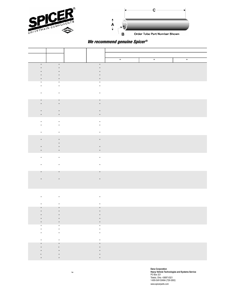 Spicer Tubing Part Numbers User Manual | 1 page