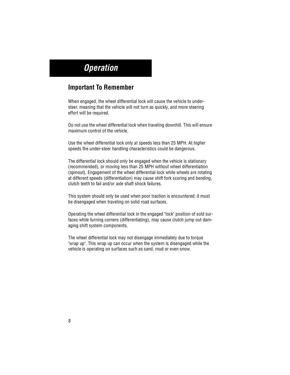 Important to remember, Operation | Spicer Drive Axle Wheel Differential Lock User Manual | Page 10 / 12