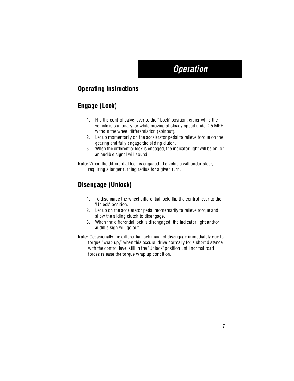 Operating instructions, Engage (lock), Disengage (unlock) | Operation, Operating instructions engage (lock) | Spicer Drive Axle Wheel Differential Lock User Manual | Page 9 / 12