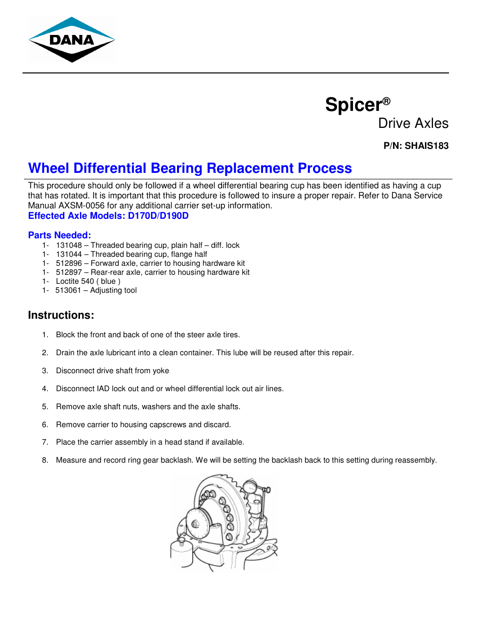 Spicer Wheel Differential Bearing Replacement Process User Manual | 8 pages