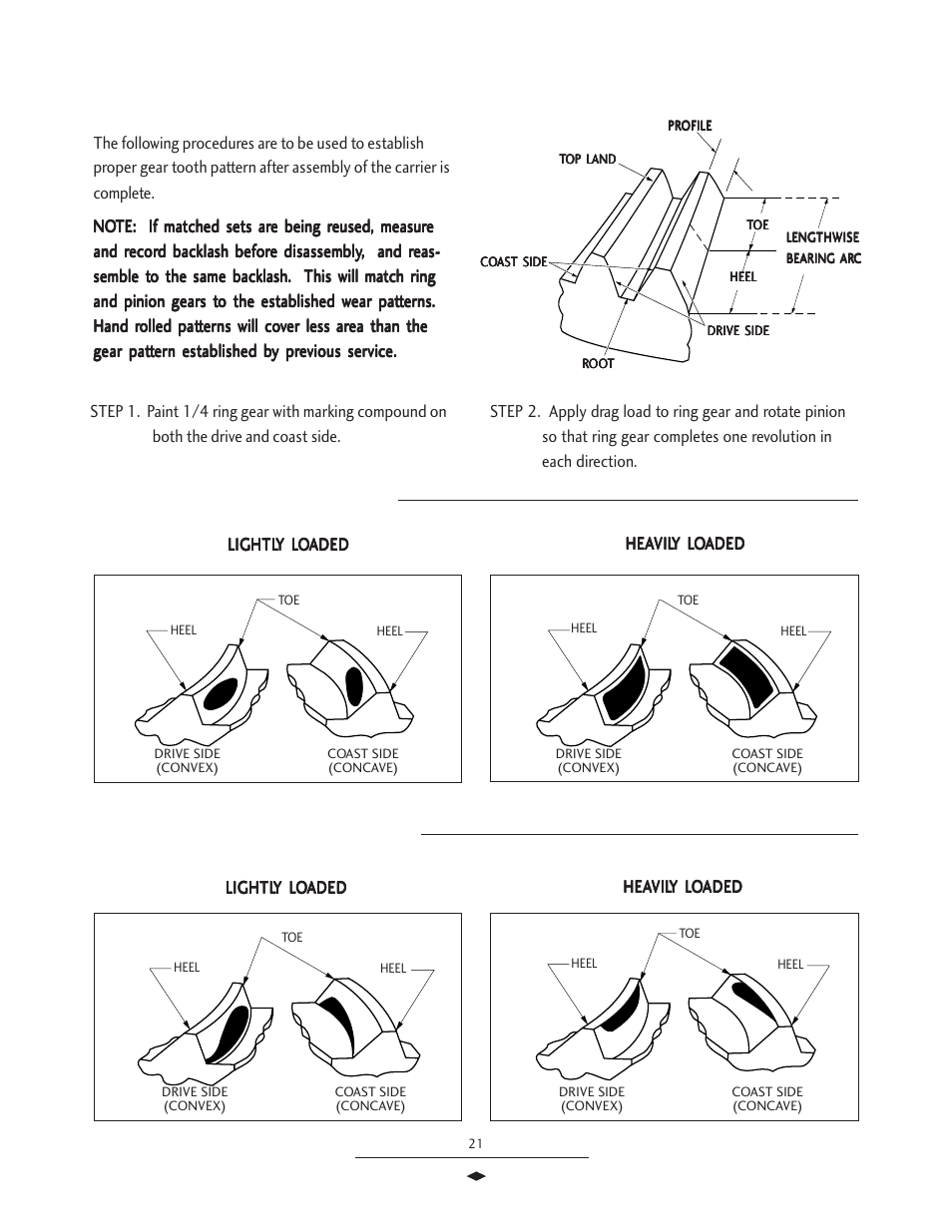 Gear contact patterns, Ring gear and pinion, Correct gear p | Incorrect gear p | Spicer Drive Axles Service Manual Wheel Reduction Drive Axles (EA-50) User Manual | Page 23 / 36