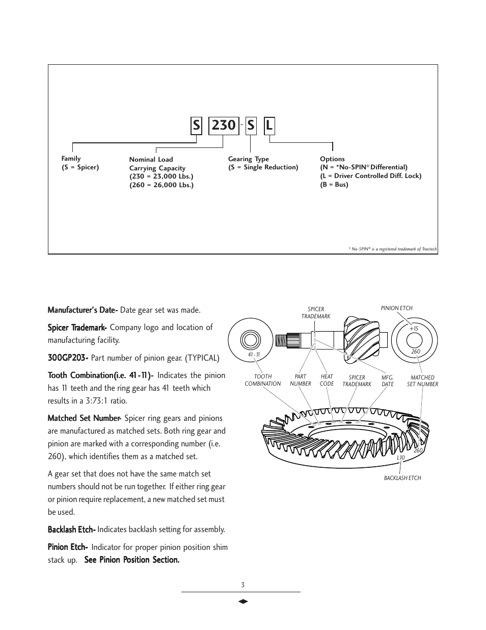 Model / gear set identification, S 230 s l, Model identifica | Spicer Drive Axles Service Manual Wheel Reduction Drive Axles (EA-50) User Manual | Page 5 / 36