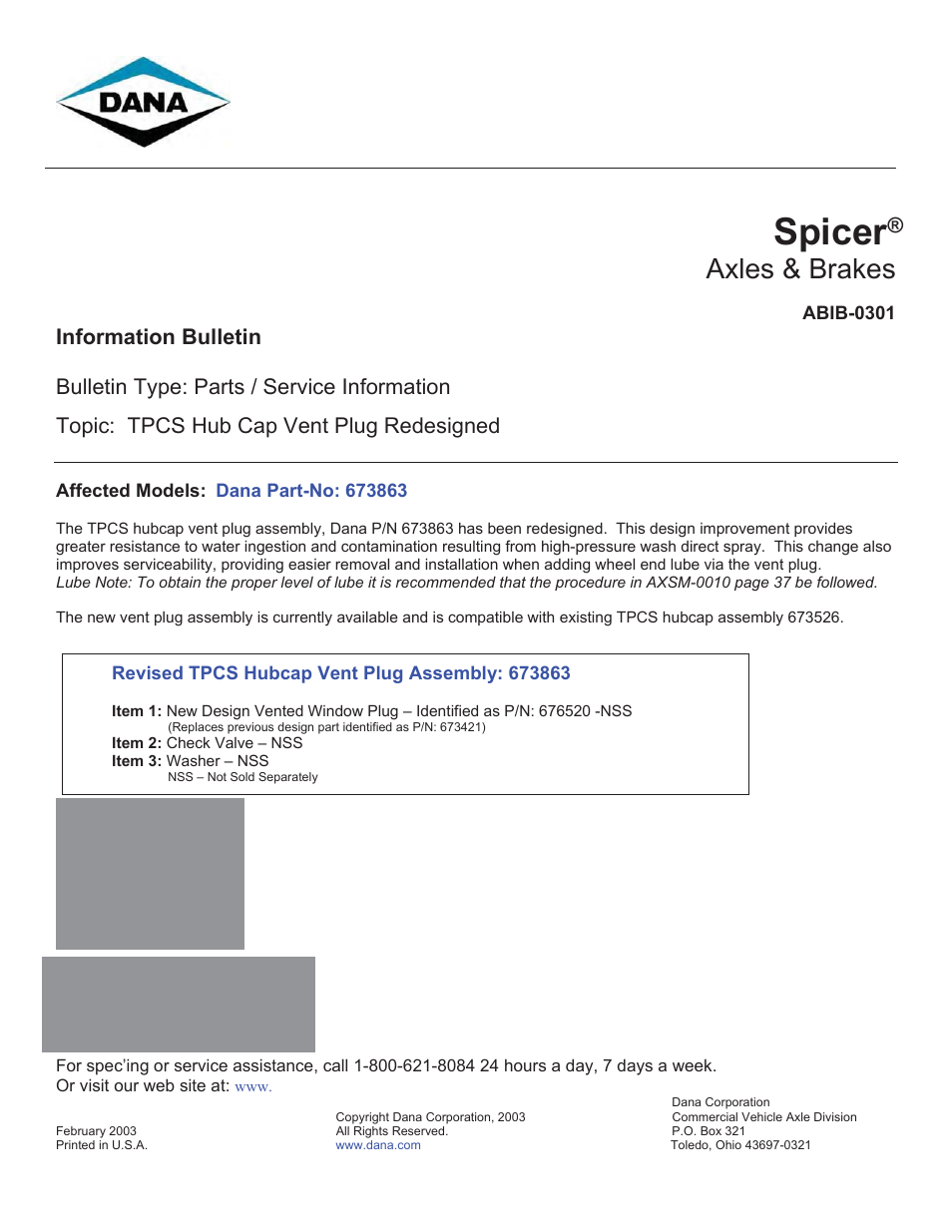 Spicer TPCS Hub Cap Vent Plug Redesigned User Manual | 1 page