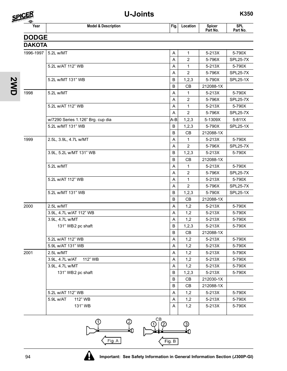 U-joints, Dodge, K350 | Dakota | Spicer 2008 Spicer Universal Joint Kits and Center Bearings User Manual | Page 109 / 316