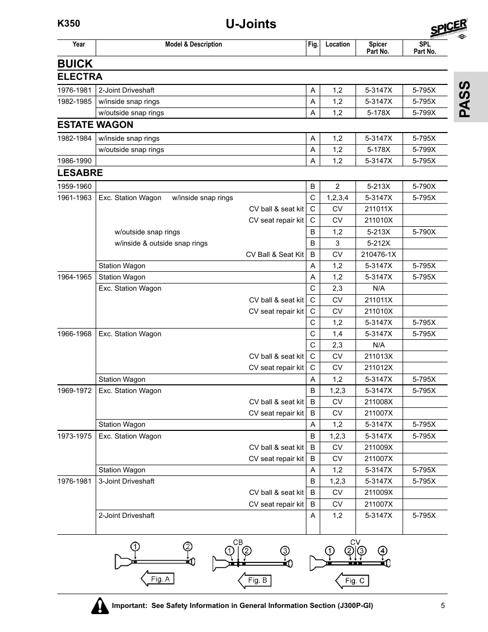 Estate wagon, Lesabre, Pa ss | U-joints, Buick, K350, Electra | Spicer 2008 Spicer Universal Joint Kits and Center Bearings User Manual | Page 20 / 316