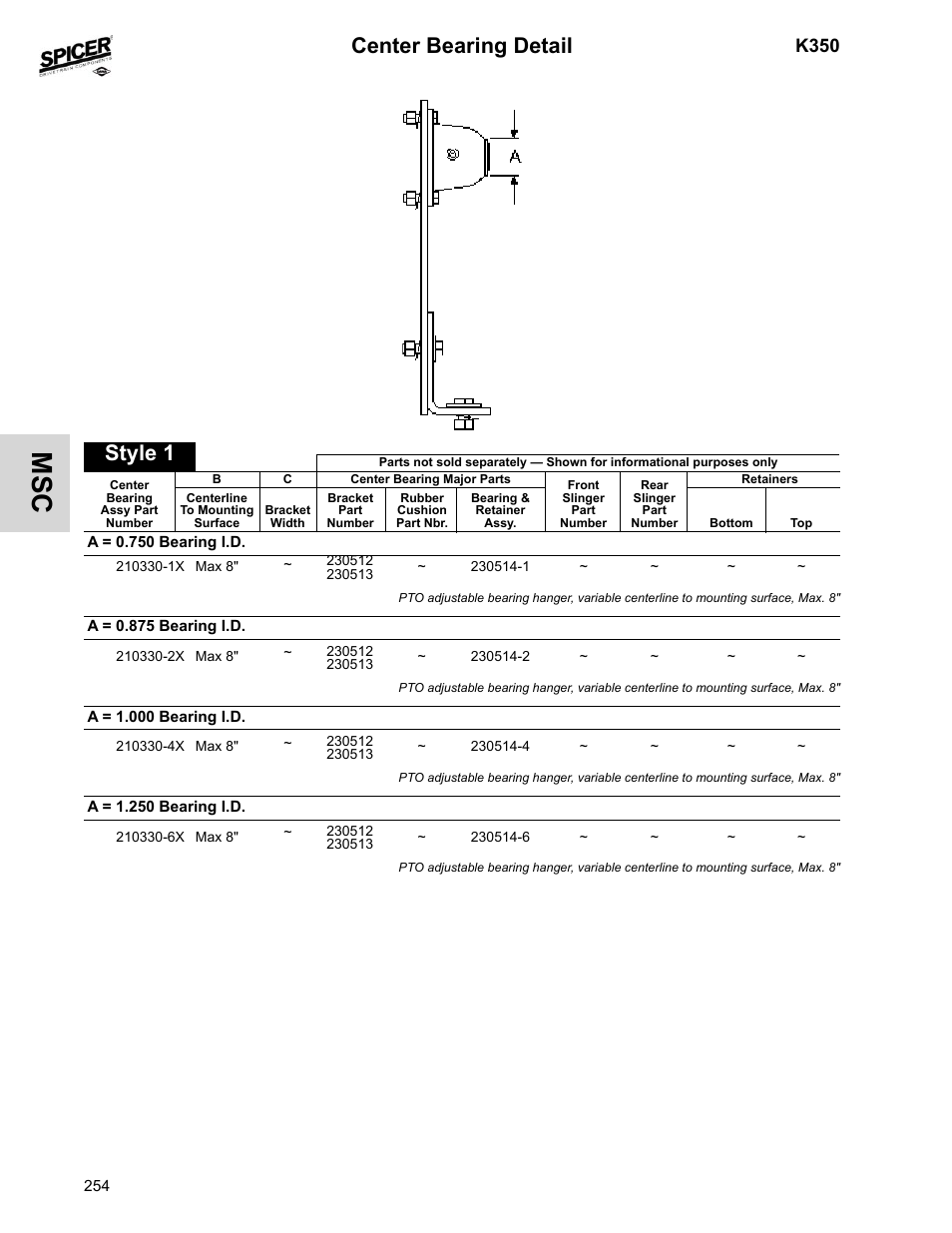 Center bearing detail, Style 1, K350 | Spicer 2008 Spicer Universal Joint Kits and Center Bearings User Manual | Page 269 / 316