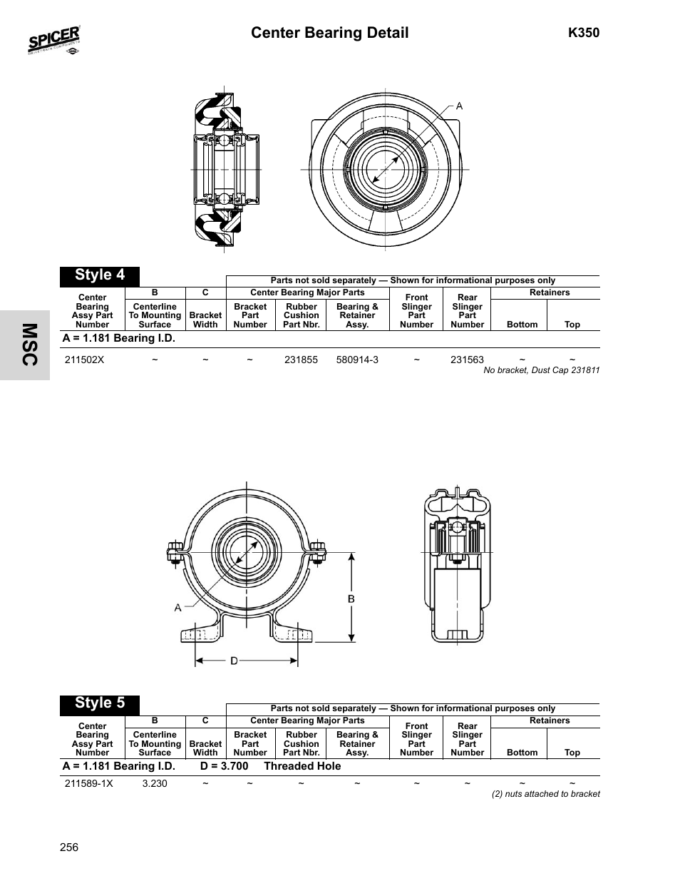 Center bearing detail, Style 4, Style 5 | K350 | Spicer 2008 Spicer Universal Joint Kits and Center Bearings User Manual | Page 271 / 316