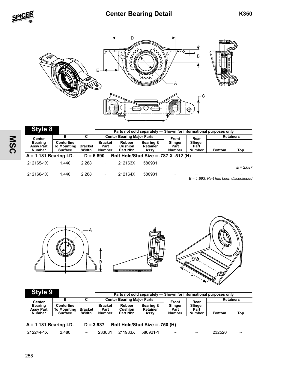 Center bearing detail, Style 8, Style 9 | K350 | Spicer 2008 Spicer Universal Joint Kits and Center Bearings User Manual | Page 273 / 316