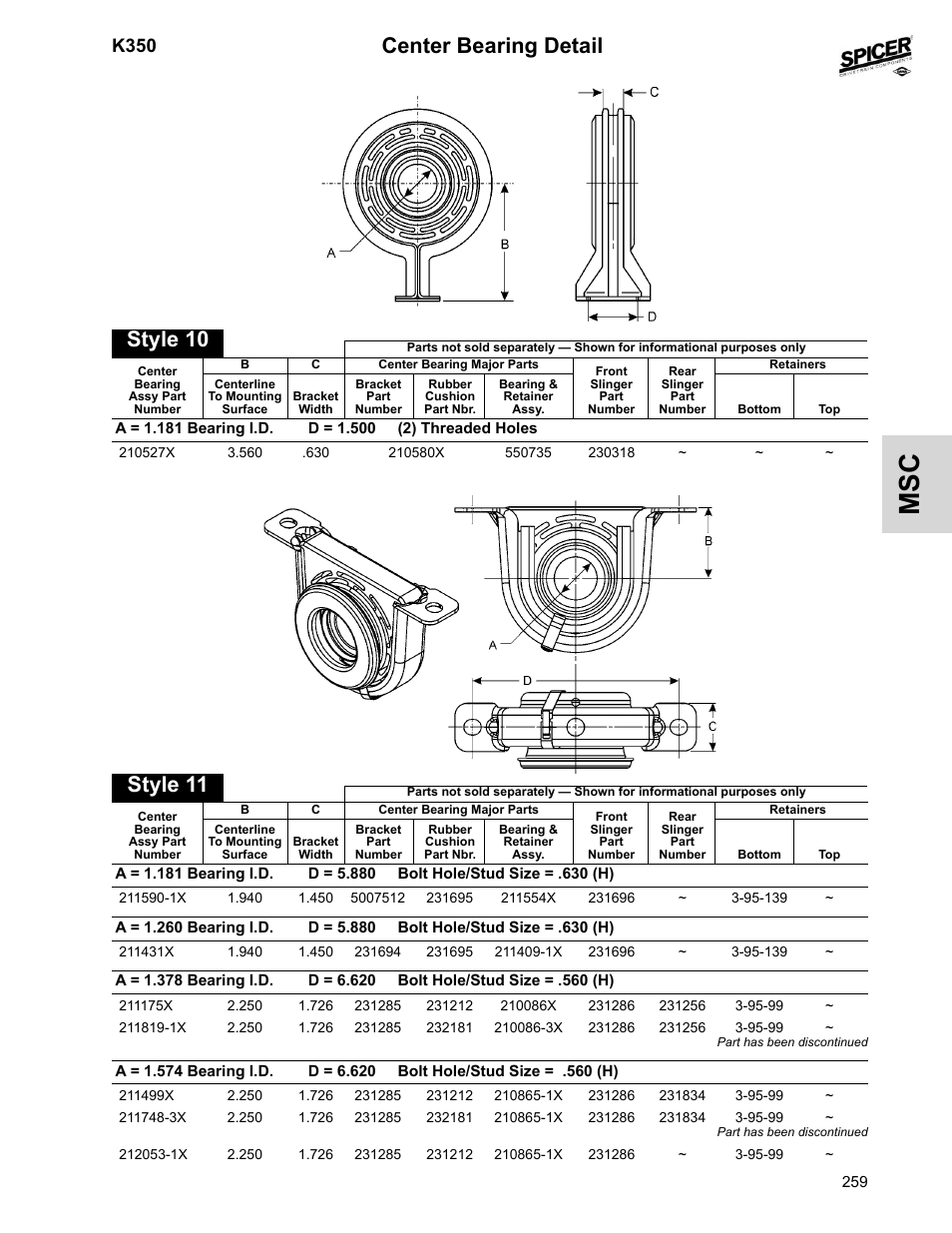 Center bearing detail, Style 10, Style 11 | K350 | Spicer 2008 Spicer Universal Joint Kits and Center Bearings User Manual | Page 274 / 316