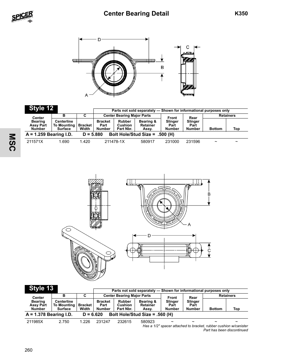 Center bearing detail, Style 12, Style 13 | K350 | Spicer 2008 Spicer Universal Joint Kits and Center Bearings User Manual | Page 275 / 316