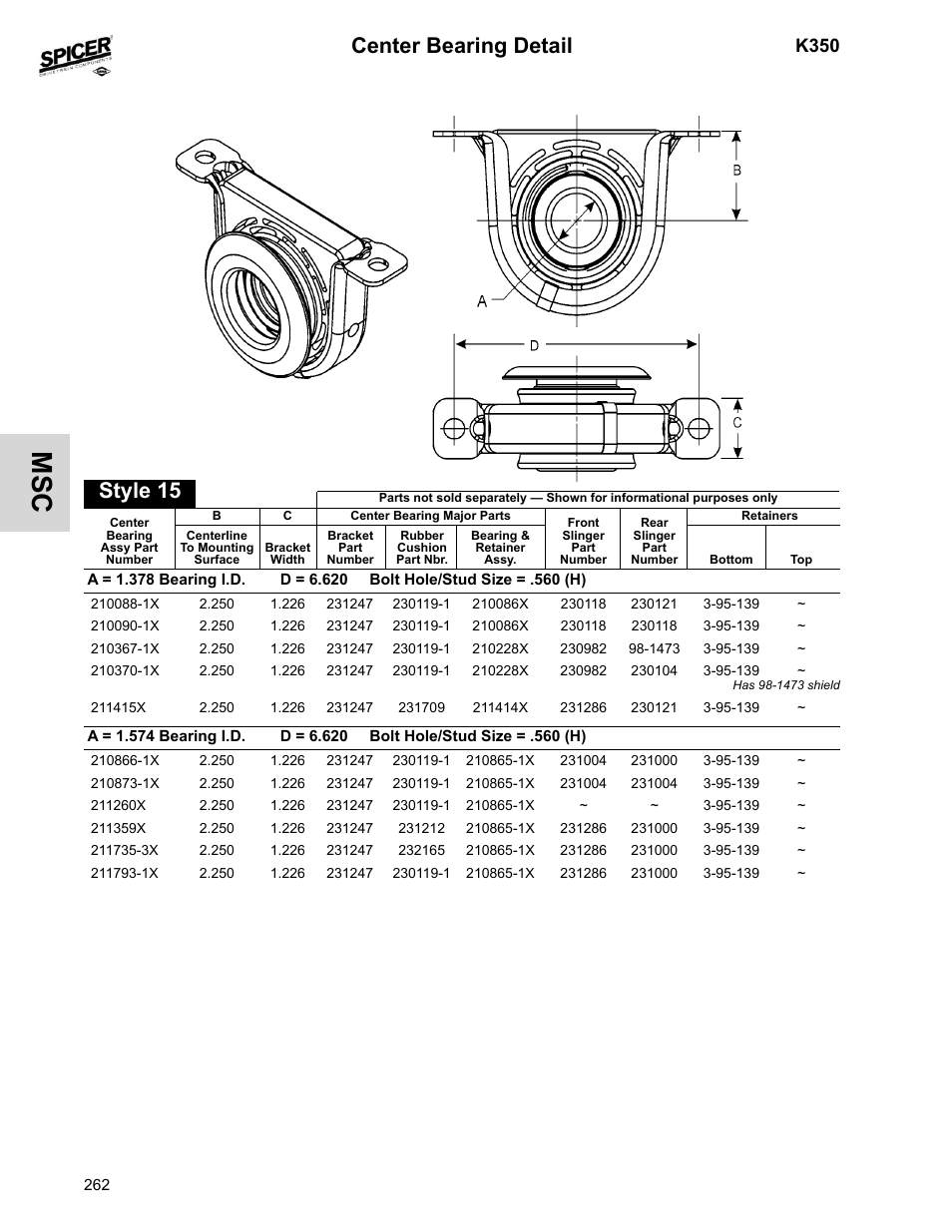 Center bearing detail, Style 15, K350 | Spicer 2008 Spicer Universal Joint Kits and Center Bearings User Manual | Page 277 / 316