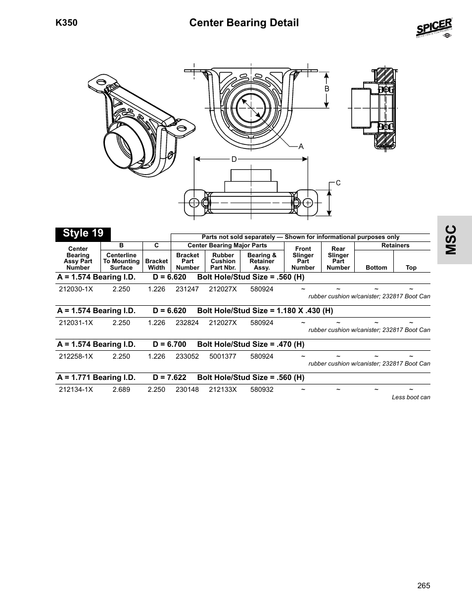 Center bearing detail, Style 19, K350 | Spicer 2008 Spicer Universal Joint Kits and Center Bearings User Manual | Page 280 / 316