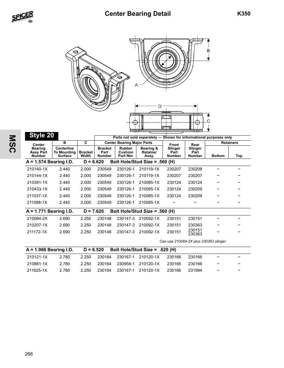 Center bearing detail, Style 20, K350 | Spicer 2008 Spicer Universal Joint Kits and Center Bearings User Manual | Page 281 / 316