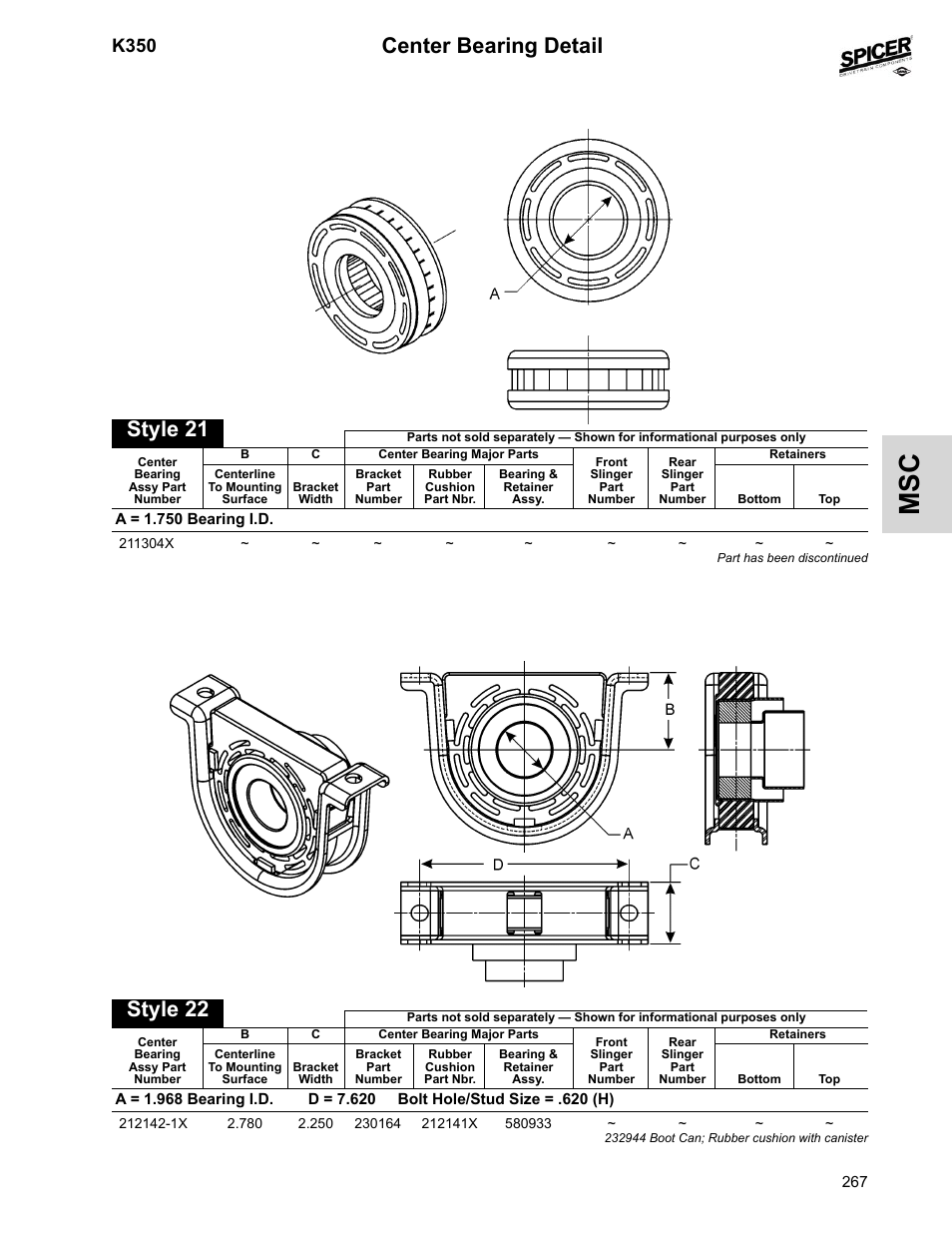 Center bearing detail, Style 21, Style 22 | K350 | Spicer 2008 Spicer Universal Joint Kits and Center Bearings User Manual | Page 282 / 316