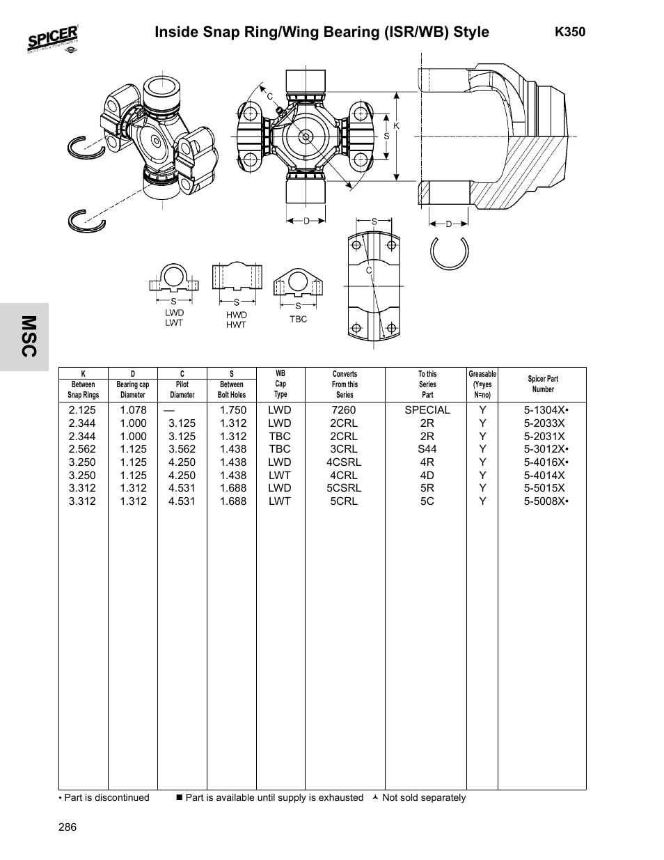Inside snap ring/wing bearing (isr/wb) style, K350 | Spicer 2008 Spicer Universal Joint Kits and Center Bearings User Manual | Page 301 / 316