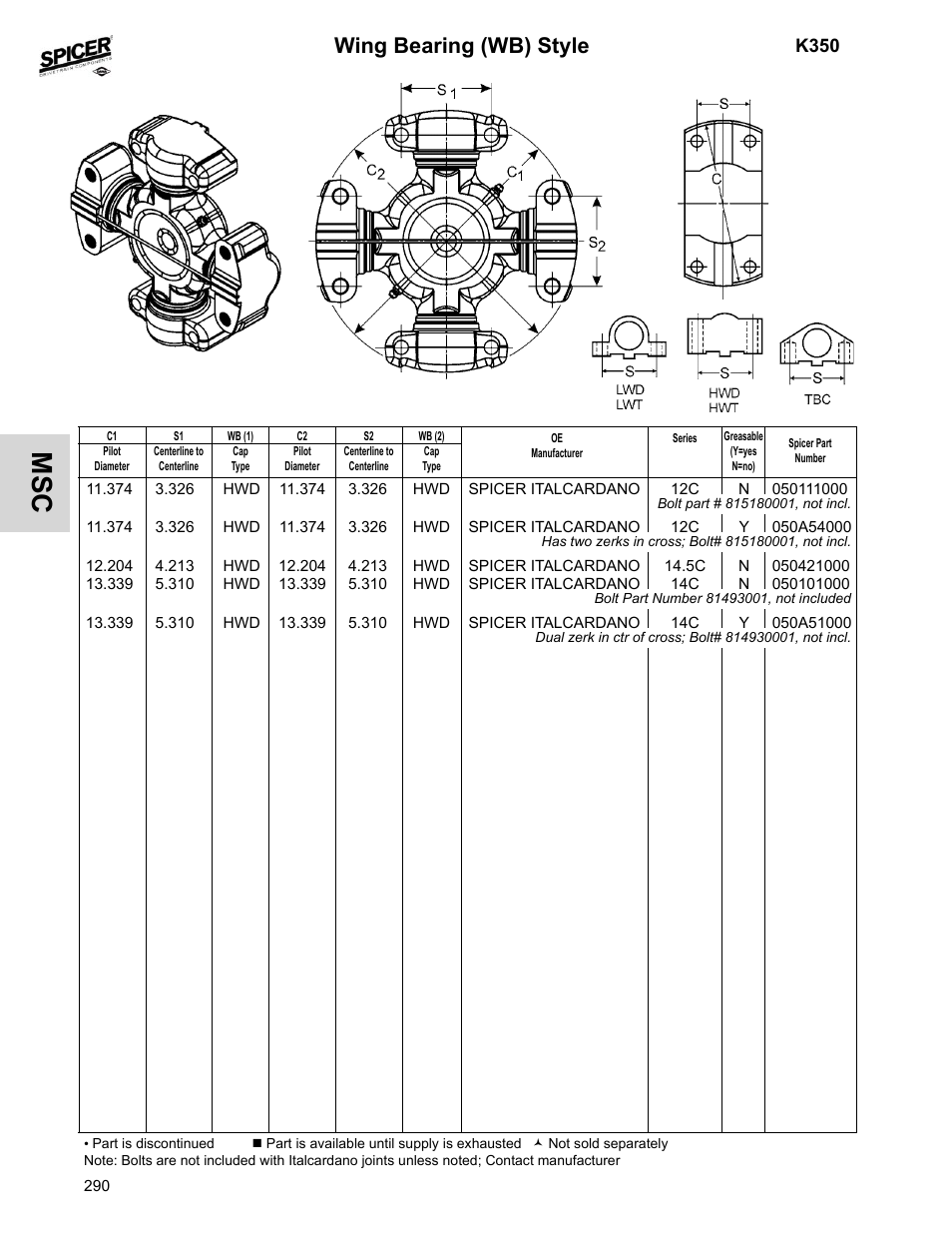 Wing bearing (wb) style, K350 | Spicer 2008 Spicer Universal Joint Kits and Center Bearings User Manual | Page 305 / 316