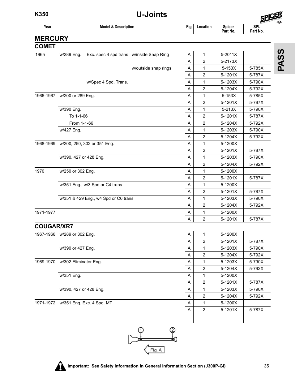 Cougar/xr7, Pa ss, U-joints | Mercury, K350, Comet | Spicer 2008 Spicer Universal Joint Kits and Center Bearings User Manual | Page 50 / 316