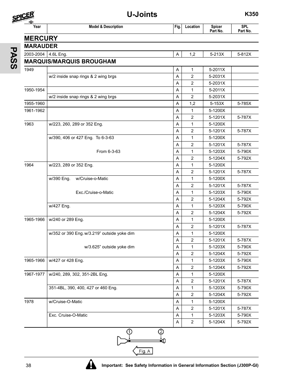 Marauder, Marquis/marquis brougham, Pa ss | U-joints, Mercury, K350 | Spicer 2008 Spicer Universal Joint Kits and Center Bearings User Manual | Page 53 / 316