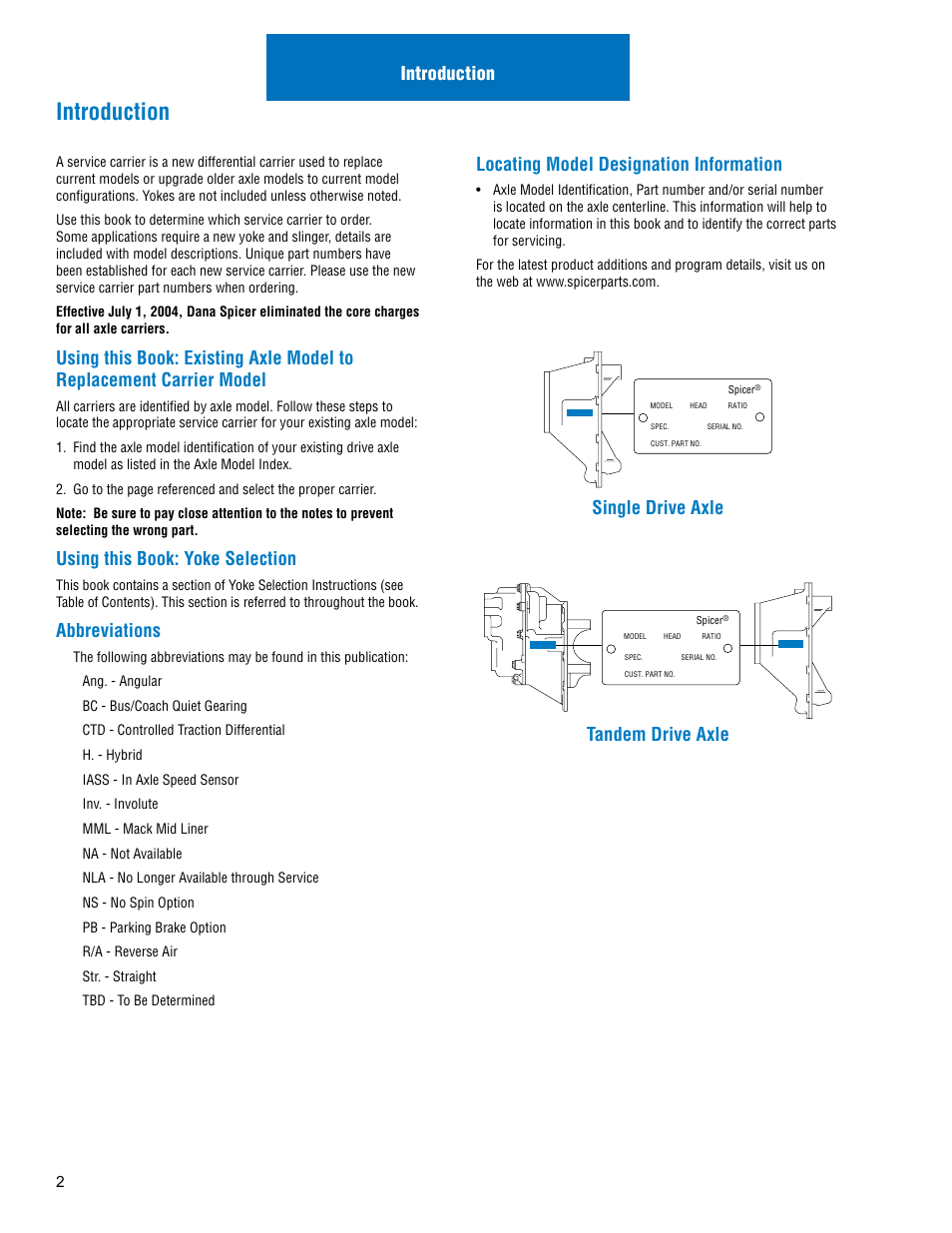 Introduction, Using this book: yoke selection, Abbreviations | Locating model designation information, Single drive axle tandem drive axle | Spicer Drive Axles Illustrated Parts List Dana Spicer Service Carrier List User Manual | Page 3 / 64