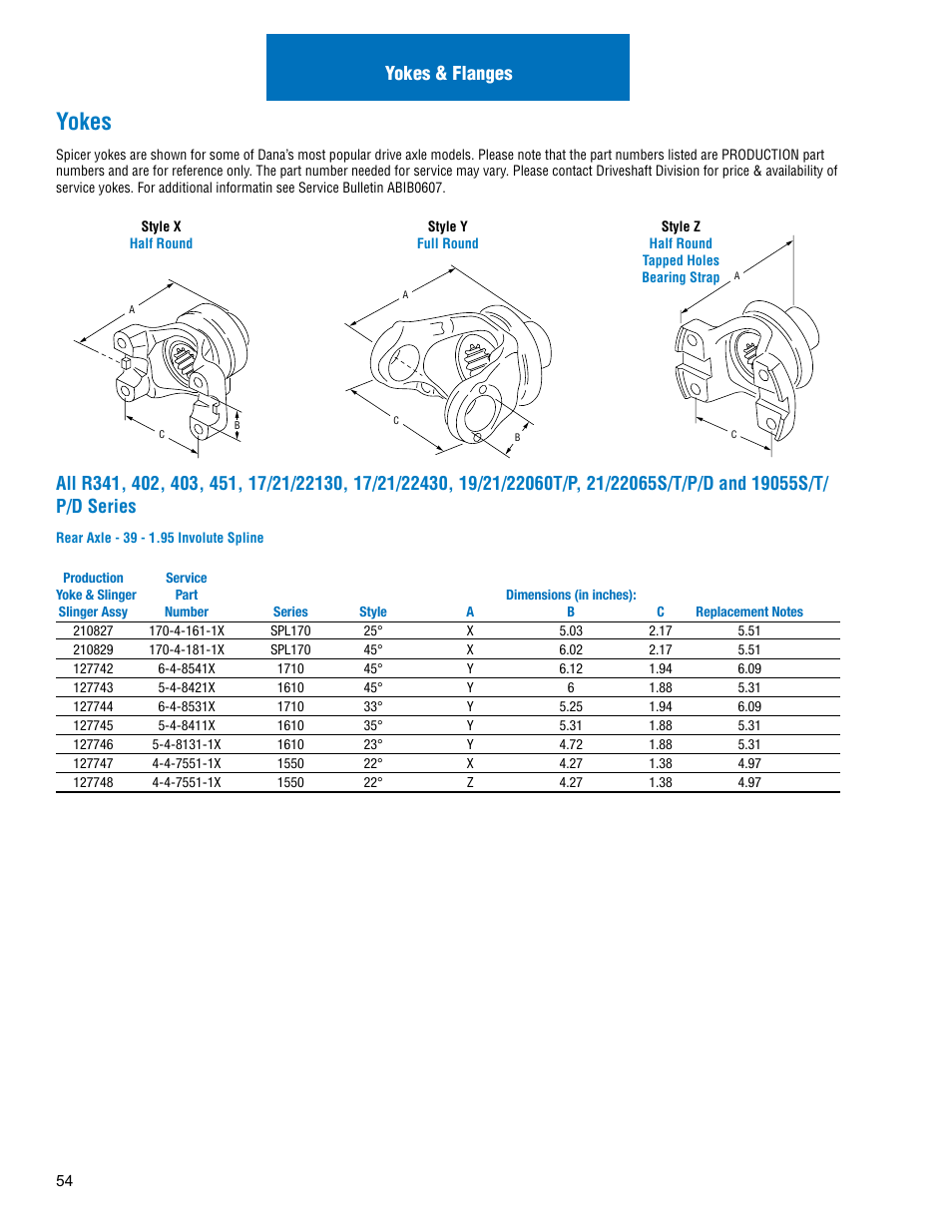 Yokes | Spicer Drive Axles Illustrated Parts List Dana Spicer Service Carrier List User Manual | Page 55 / 64