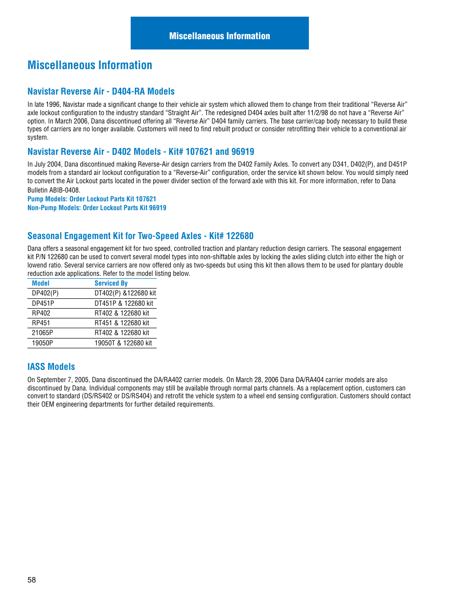 Miscellaneous information | Spicer Drive Axles Illustrated Parts List Dana Spicer Service Carrier List User Manual | Page 59 / 64