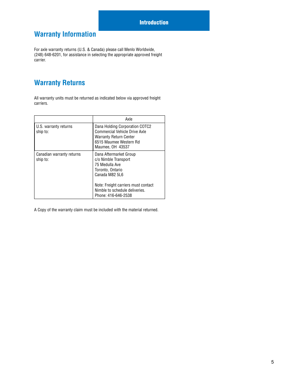 Warranty information, Warranty returns | Spicer Drive Axles Illustrated Parts List Dana Spicer Service Carrier List User Manual | Page 6 / 64