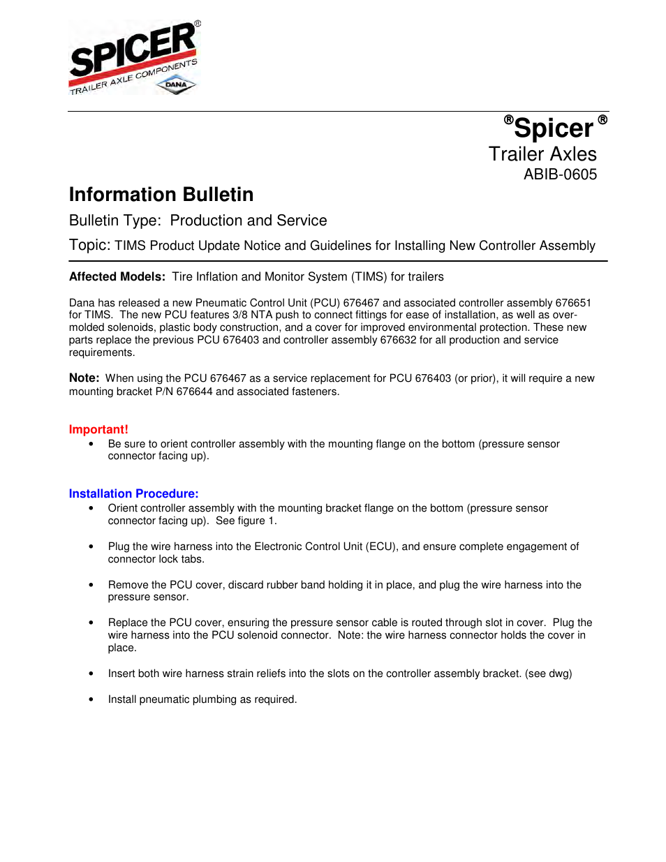 Spicer TIMS Product Update Notice and Guidelines for Installing New Controller Assembly User Manual | 2 pages