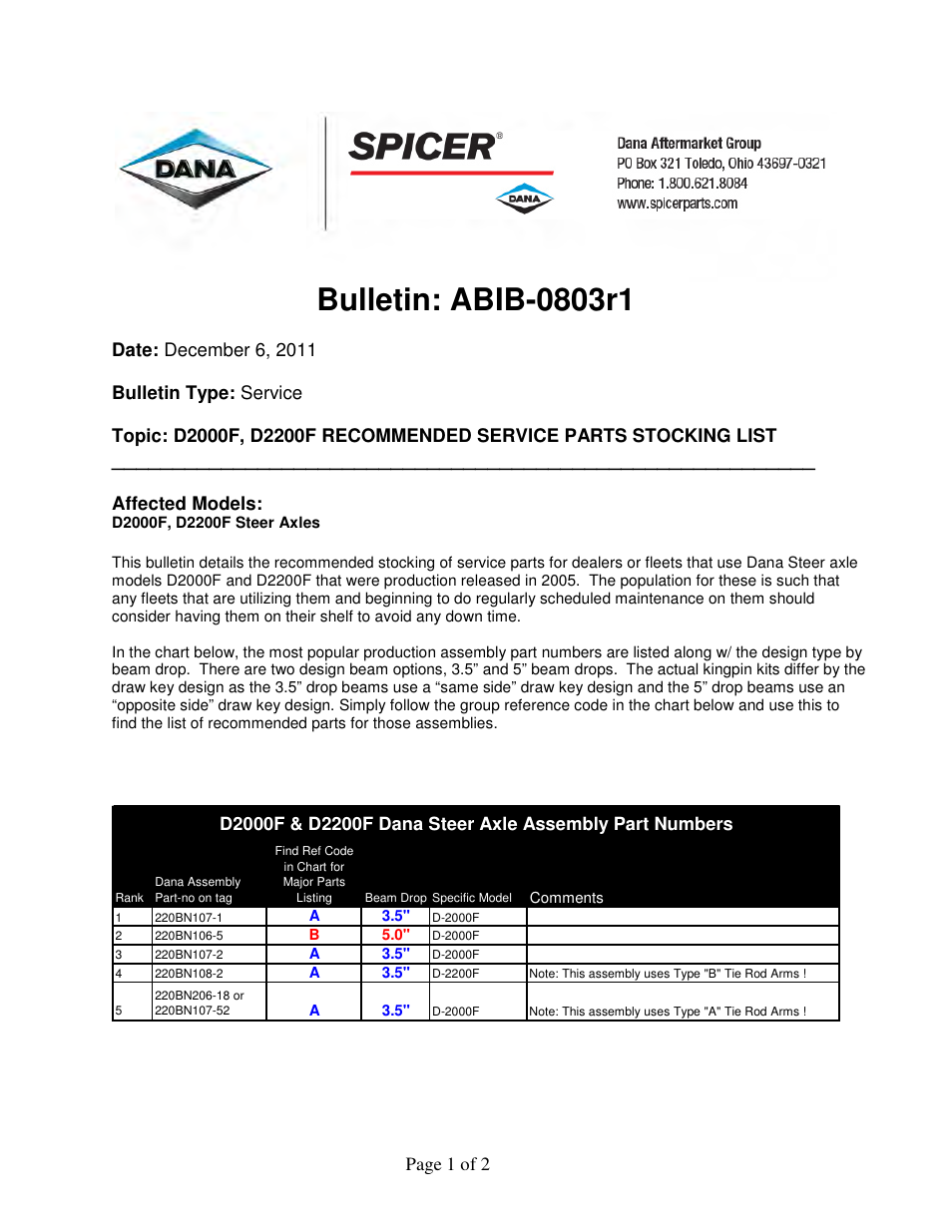 Spicer D2200F User Manual | 2 pages