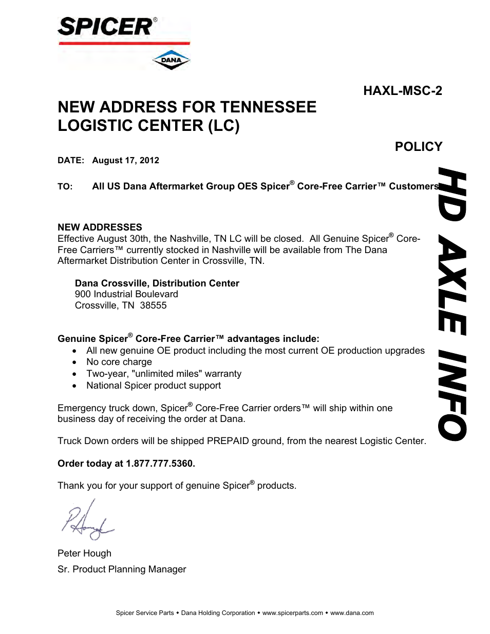 Spicer HAXL-MSC-2 User Manual | 1 page