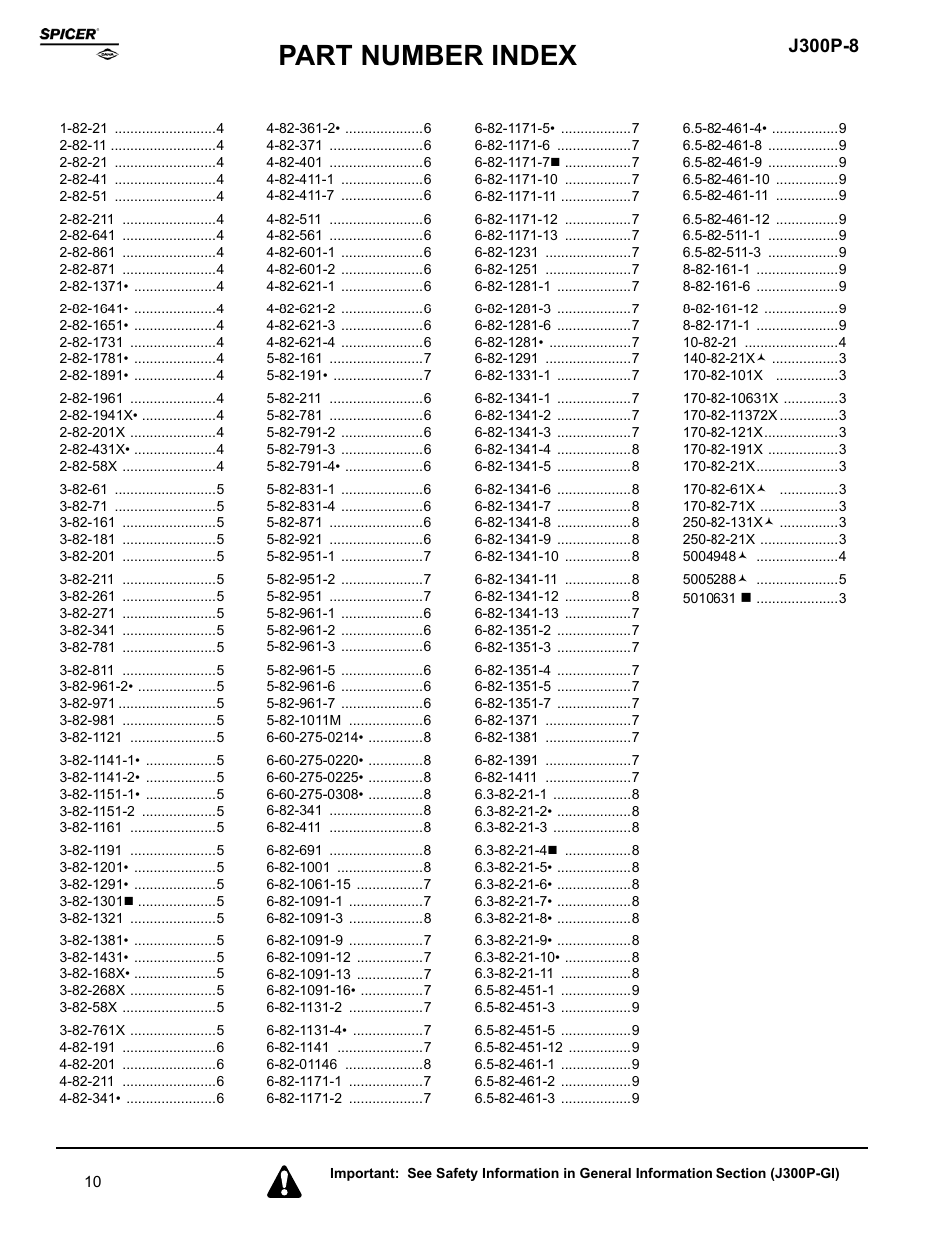 Part number index, J300p-8 | Spicer Driveline Components Catalog - Yoke Shafts User Manual | Page 10 / 12
