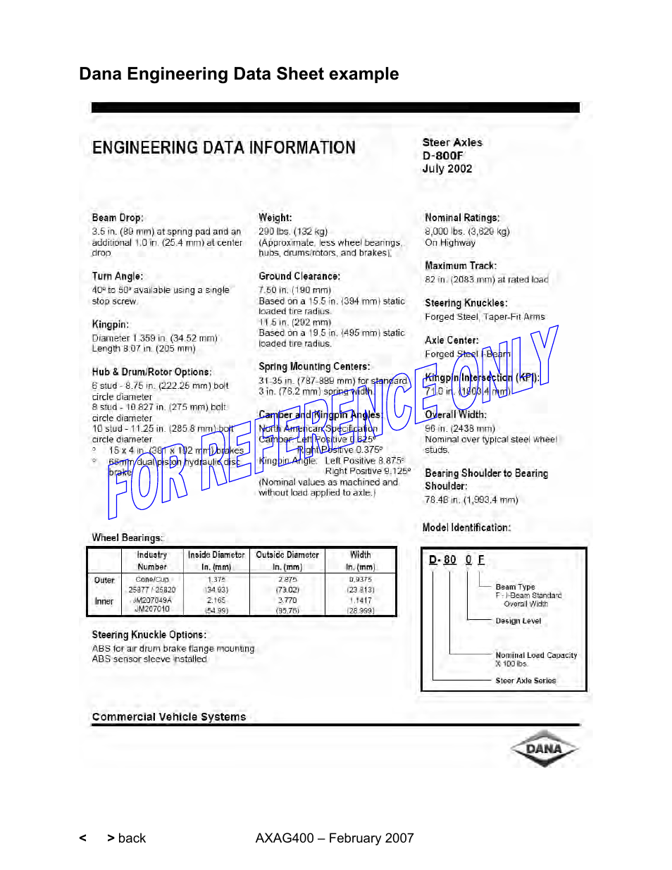 Dana engineering data sheet example | Spicer Steer Axles Application Guidelines User Manual | Page 22 / 46