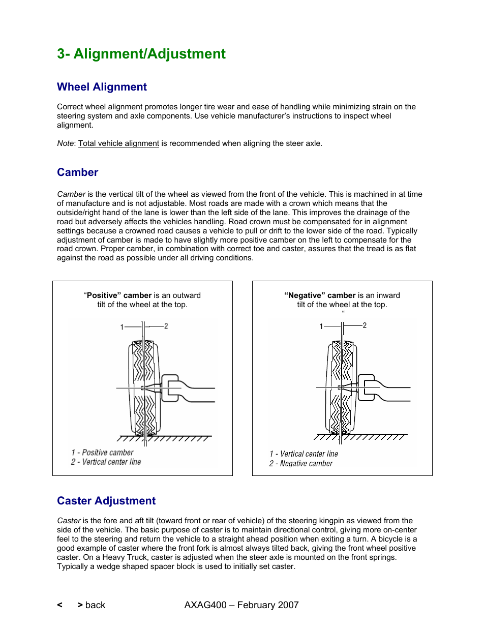 Alignment/adjustment, Wheel alignment, Camber | Caster adjustment | Spicer Steer Axles Application Guidelines User Manual | Page 26 / 46