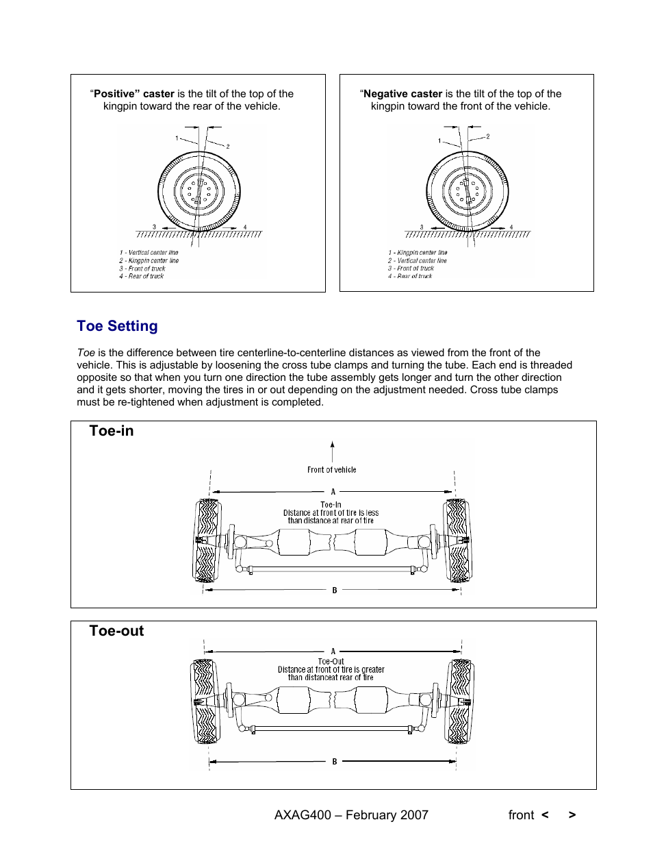 Toe setting, Toe-in, Toe-out | Spicer Steer Axles Application Guidelines User Manual | Page 27 / 46