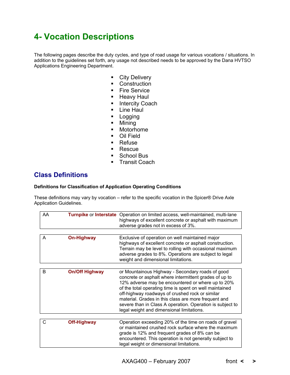 Vocation descriptions, Class definitions | Spicer Steer Axles Application Guidelines User Manual | Page 33 / 46
