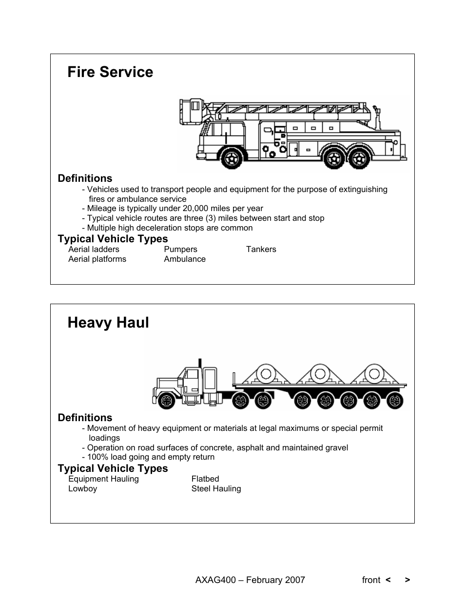Fire service, Heavy haul | Spicer Steer Axles Application Guidelines User Manual | Page 35 / 46