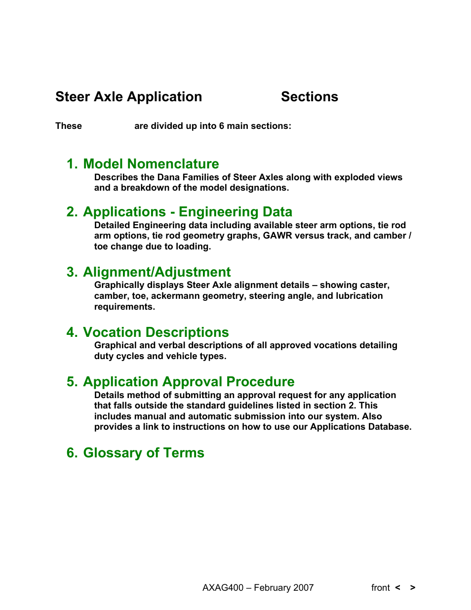 Model nomenclature, Applications - engineering data, Alignment/adjustment | Vocation descriptions, Application approval procedure, Glossary of terms | Spicer Steer Axles Application Guidelines User Manual | Page 7 / 46