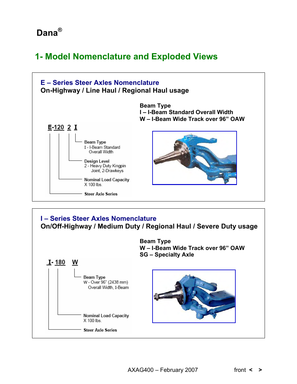Dana, 6whhu$[ohv, Model nomenclature and exploded views | Spicer Steer Axles Application Guidelines User Manual | Page 9 / 46