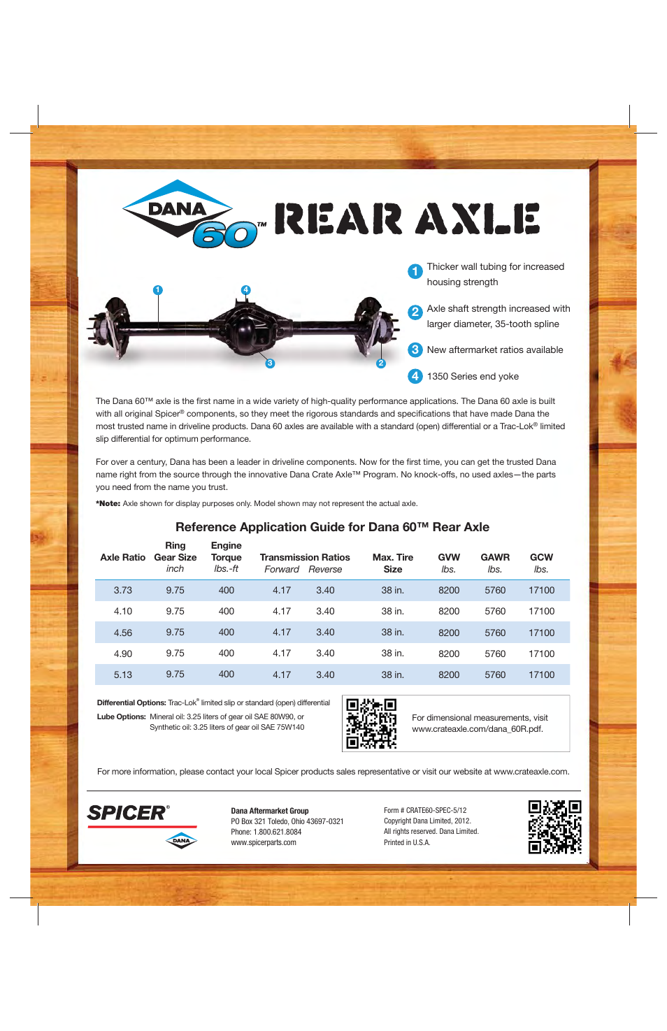Reference application guide for dana 60™ rear axle | Spicer Crate Axles: Dana 60 Rear Axle User Manual | Page 2 / 2