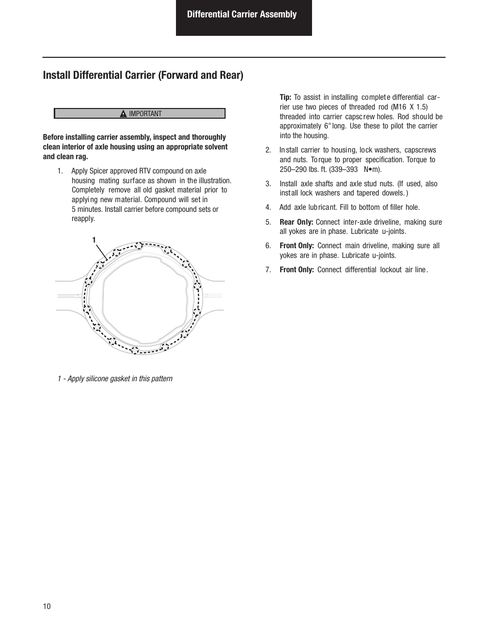 Install differential carrier (forward and rear) | Spicer Tandem Drive Axles Service Manual D170, D190, and D590 Series User Manual | Page 14 / 98