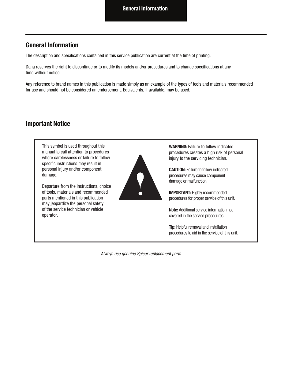 General information, Important notice | Spicer Tandem Drive Axles Service Manual D170, D190, and D590 Series User Manual | Page 2 / 98