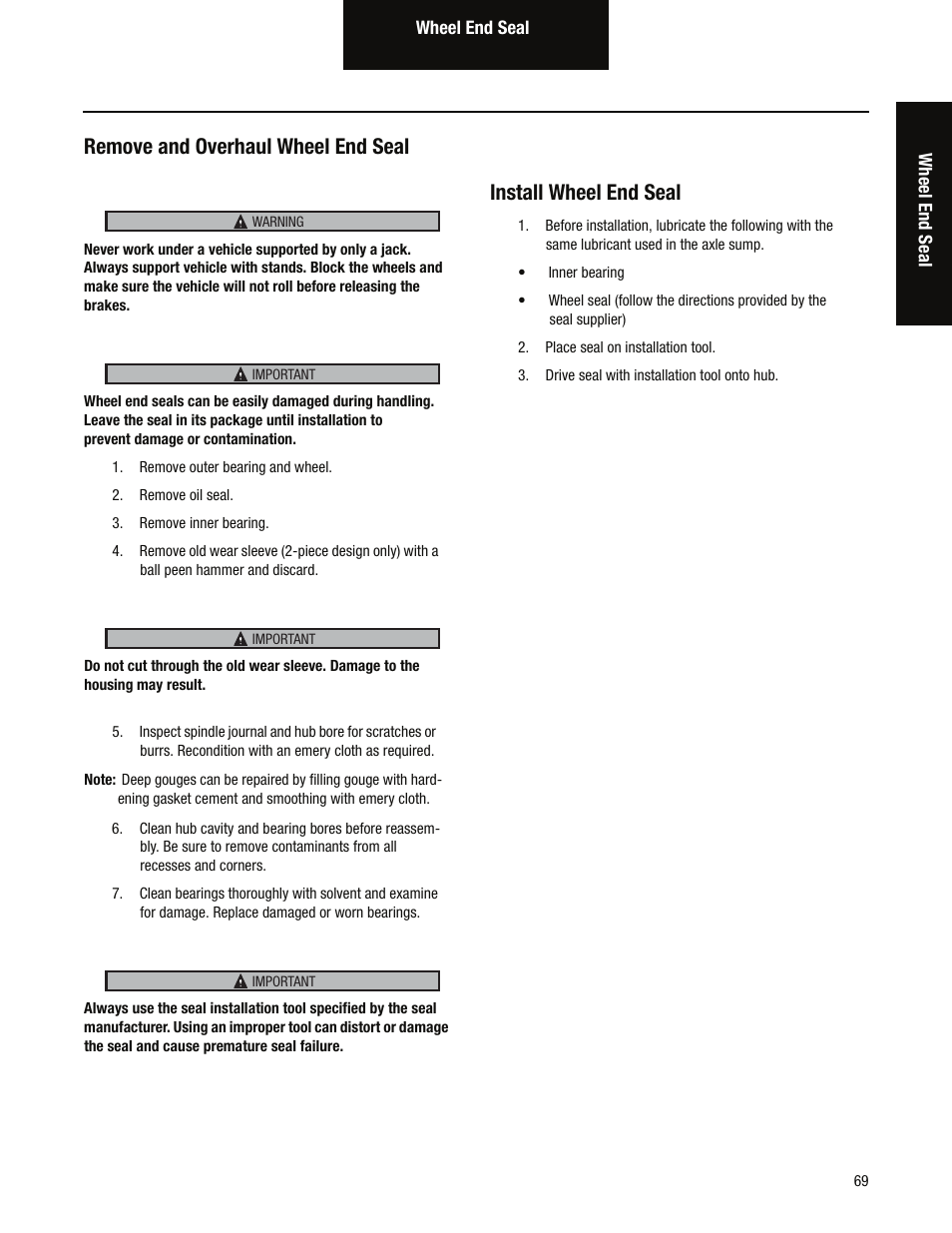 Remove and overhaul wheel end seal, Install wheel end seal | Spicer Tandem Drive Axles Service Manual D170, D190, and D590 Series User Manual | Page 73 / 98