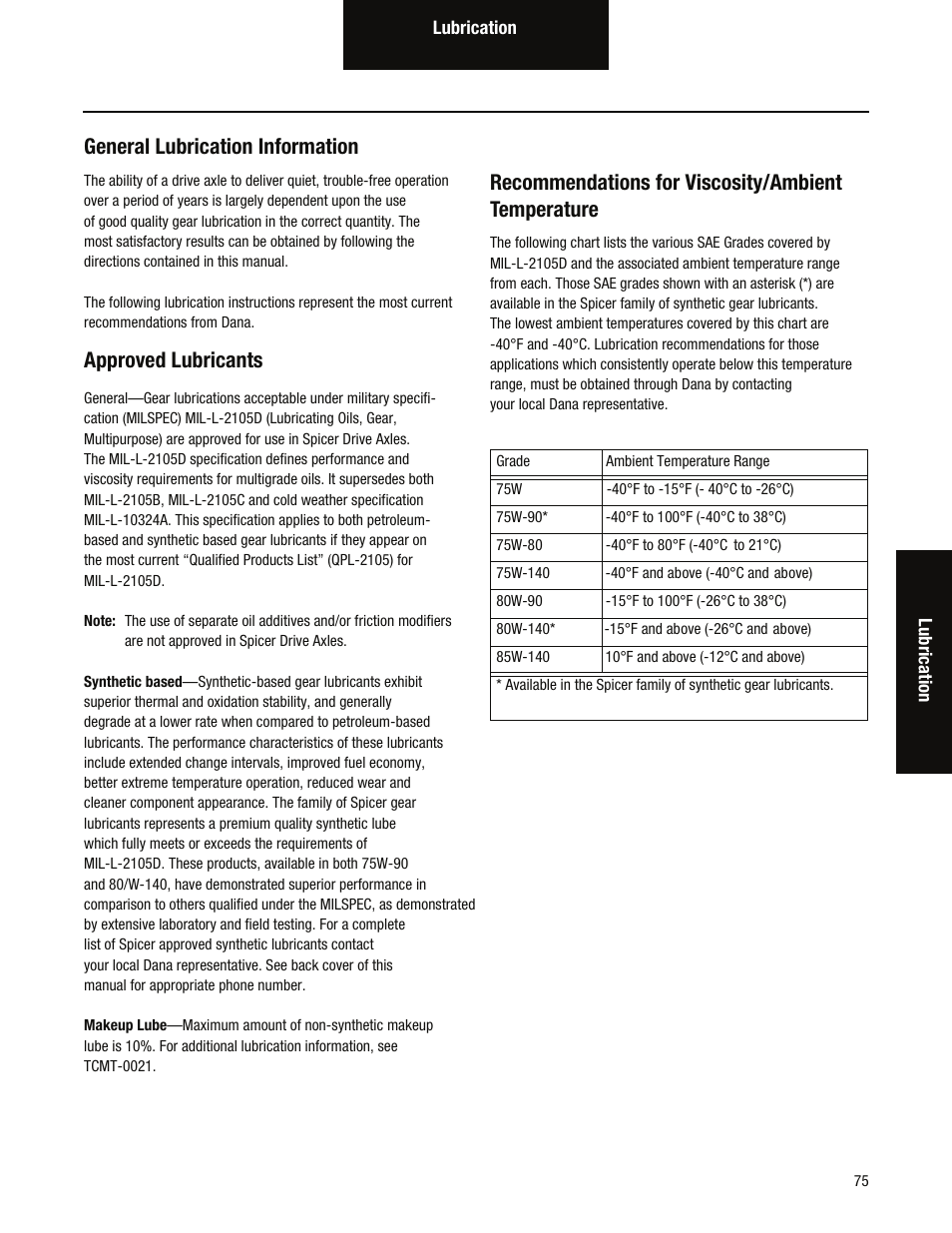 General lubrication information, Approved lubricants, Recommendations for viscosity/ambient temperature | Spicer Tandem Drive Axles Service Manual D170, D190, and D590 Series User Manual | Page 79 / 98