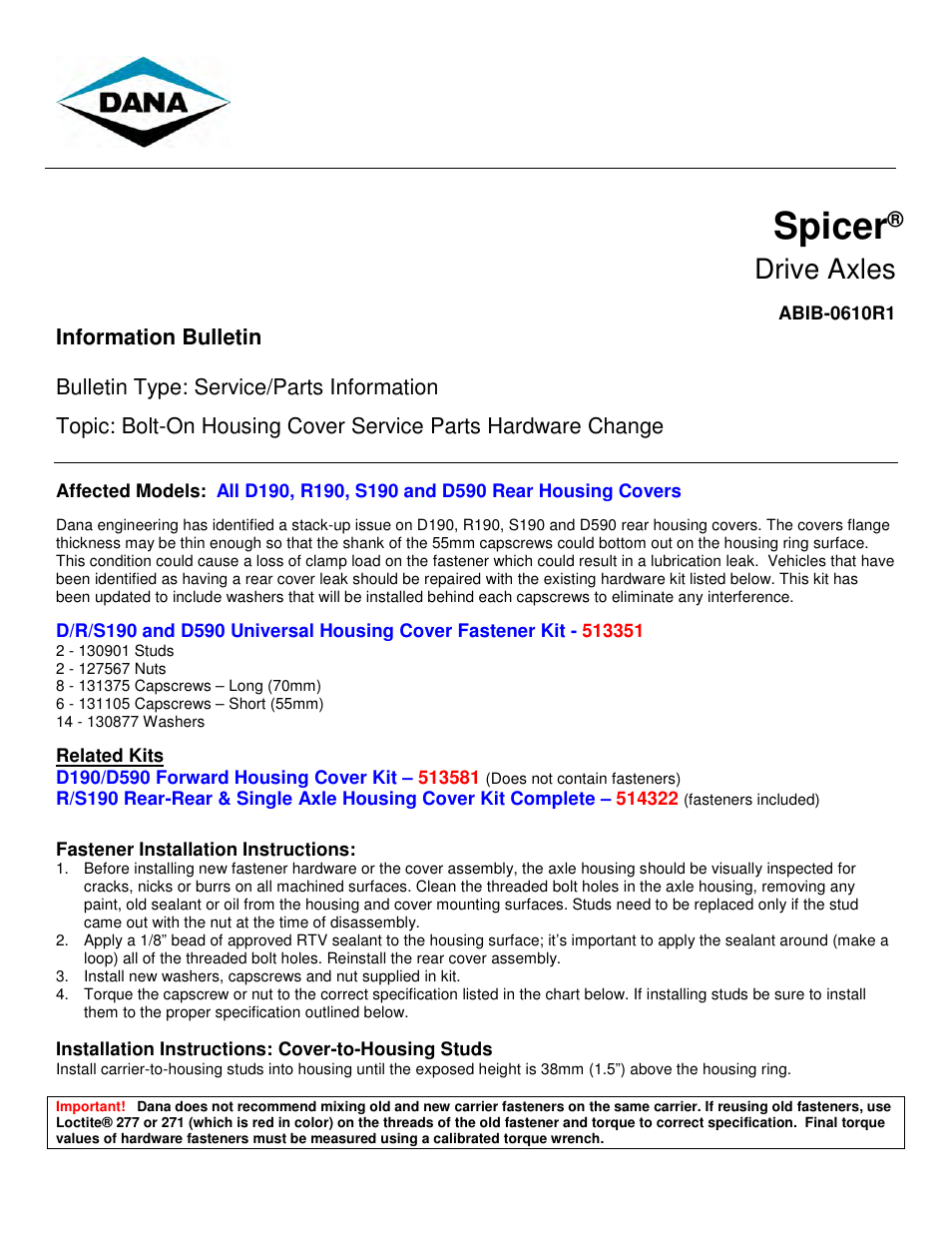 Spicer Bolt-On Housing Cover Service Parts Hardware Change User Manual | 2 pages
