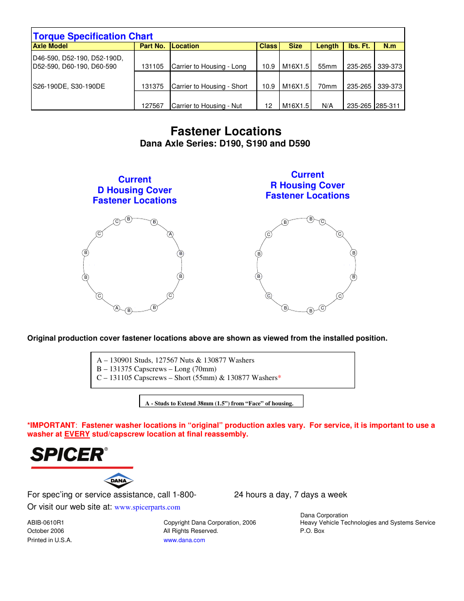 Fastener locations, Torque specification chart, Current d housing cover fastener locations | Current r housing cover fastener locations | Spicer Bolt-On Housing Cover Service Parts Hardware Change User Manual | Page 2 / 2