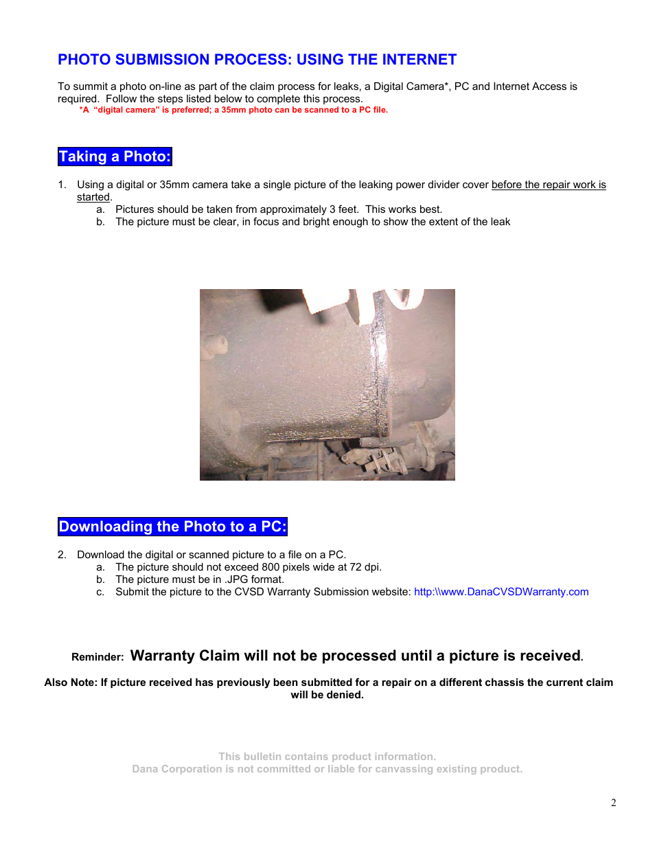 Photo submission process: using the internet, Taking a photo, Downloading the photo to a pc | Spicer Power Divider Unit (PDU) Cover to Carrier Leak User Manual | Page 2 / 5