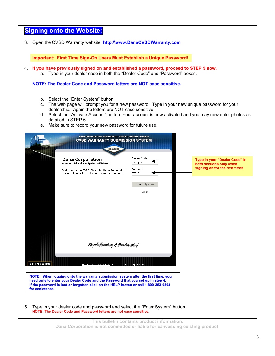Signing onto the website | Spicer Power Divider Unit (PDU) Cover to Carrier Leak User Manual | Page 3 / 5