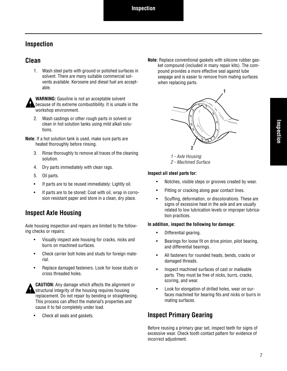 Inspection, Inspection clean, Inspect axle housing | Inspect primary gearing | Spicer Single Drive Axles Service Manual: S135L, S135N, S135S, S150L, S150N, S150S User Manual | Page 11 / 50