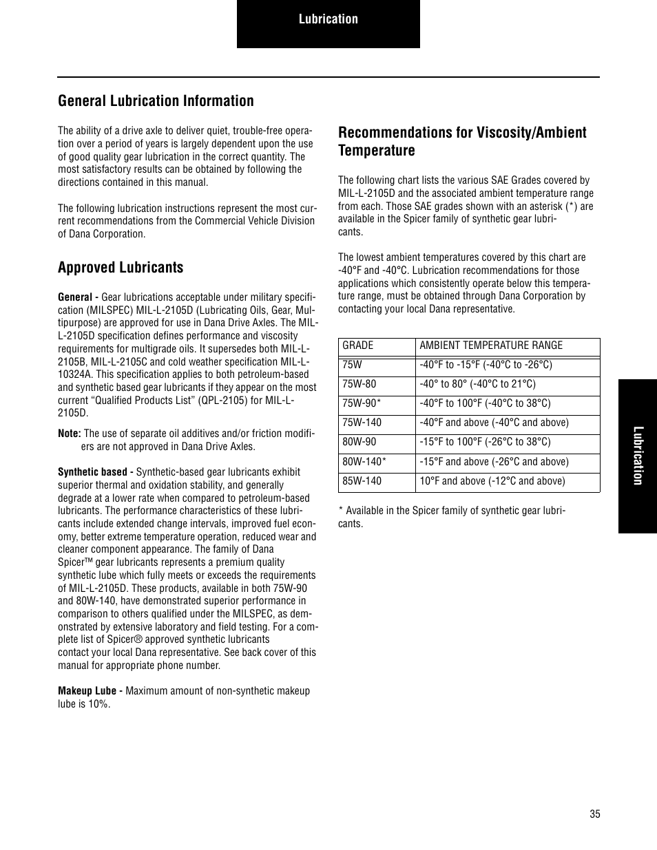 General lubrication information, Approved lubricants, Recommendations for viscosity/ambient temperature | Spicer Single Drive Axles Service Manual: S135L, S135N, S135S, S150L, S150N, S150S User Manual | Page 39 / 50